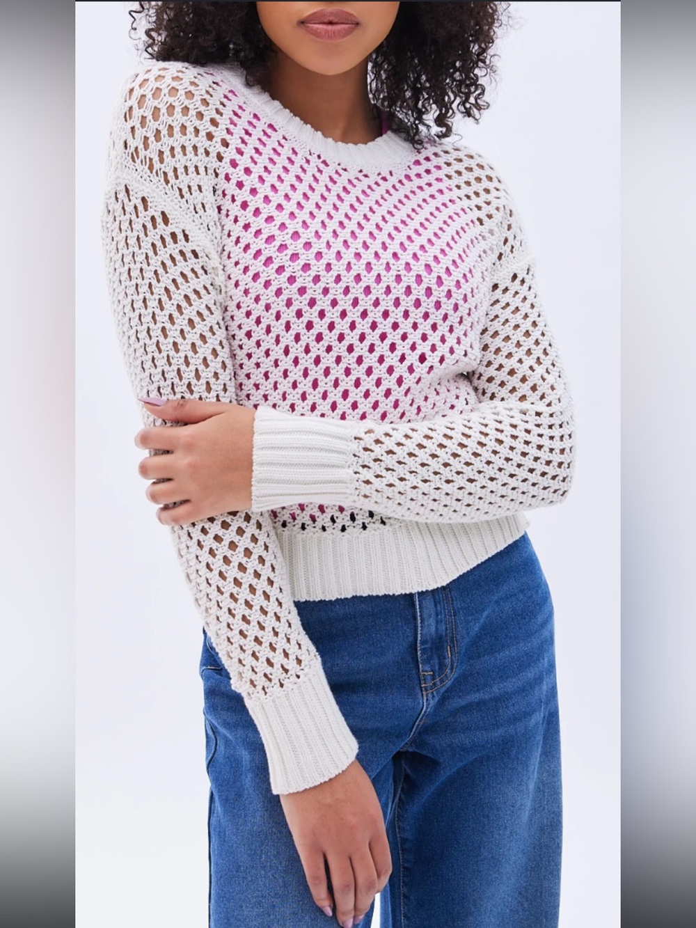 Bluenotes Open-Knit Crochet Ivory Crewneck Sweater